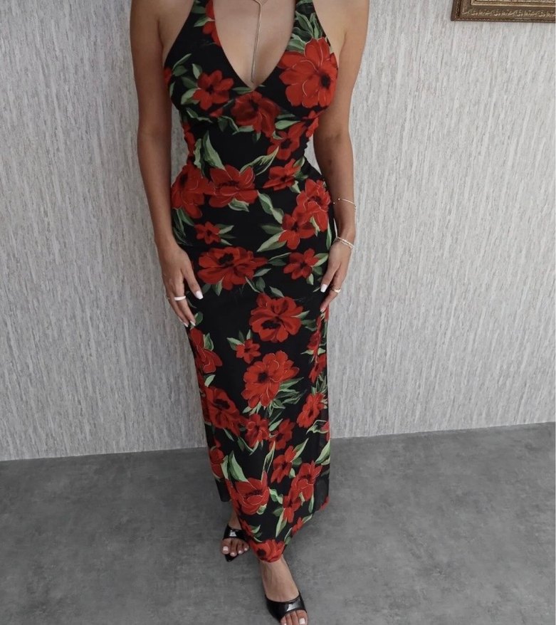 Çiçek Desenli Kırmızı Uzun Drapeli Elbise - Görsel 3