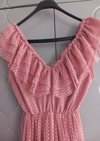 Pembe Uzun Fırfırlı V Yaka Elbise - Görsel 4