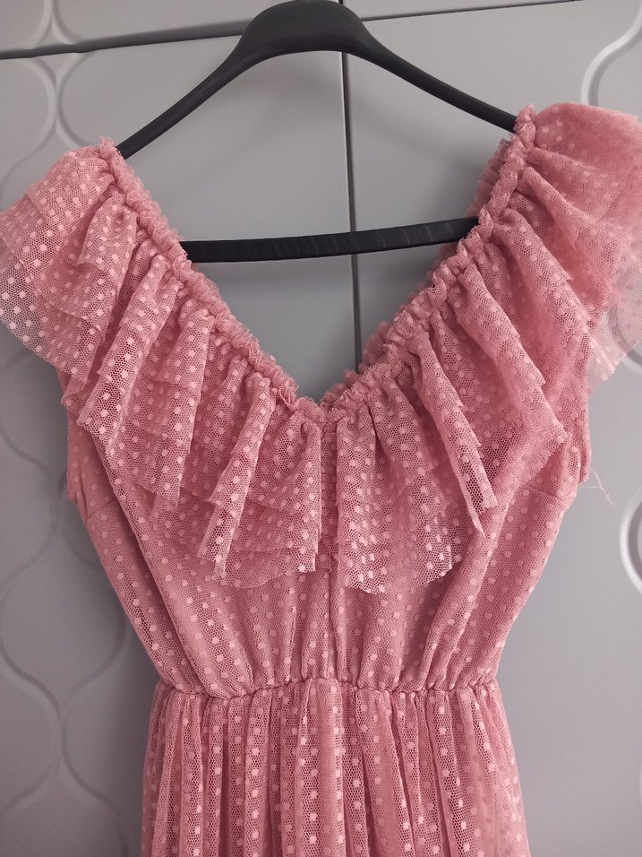 Pembe Uzun Fırfırlı V Yaka Elbise - Görsel 4