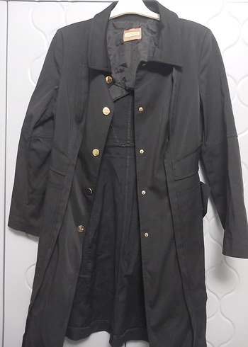 Düğmeli Siyah Uzun Kadın Trençkot - Görsel 2