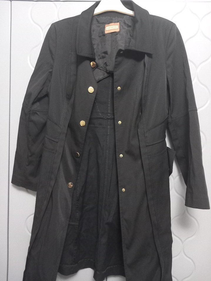 Düğmeli Siyah Uzun Kadın Trençkot - Görsel 2