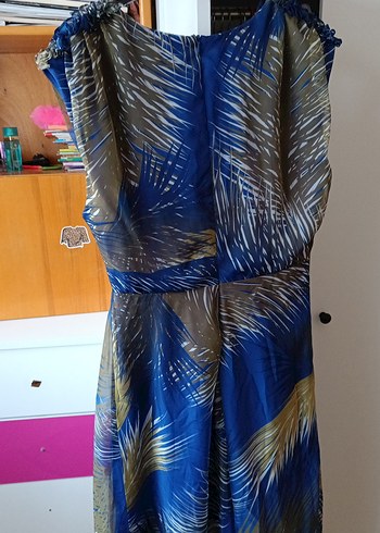 Mavi Drapeli Uzun Askısız Kadın Elbise - Görsel 4