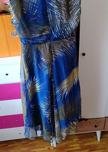 Mavi Drapeli Uzun Askısız Kadın Elbise - Görsel 5