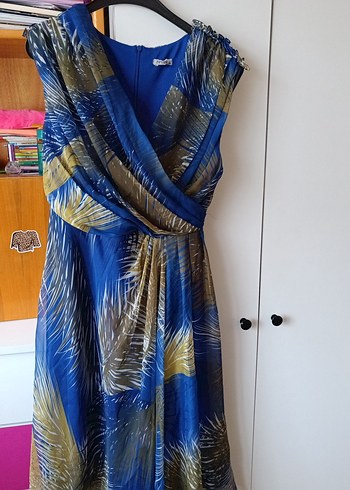 Mavi Drapeli Uzun Askısız Kadın Elbise - Görsel 3