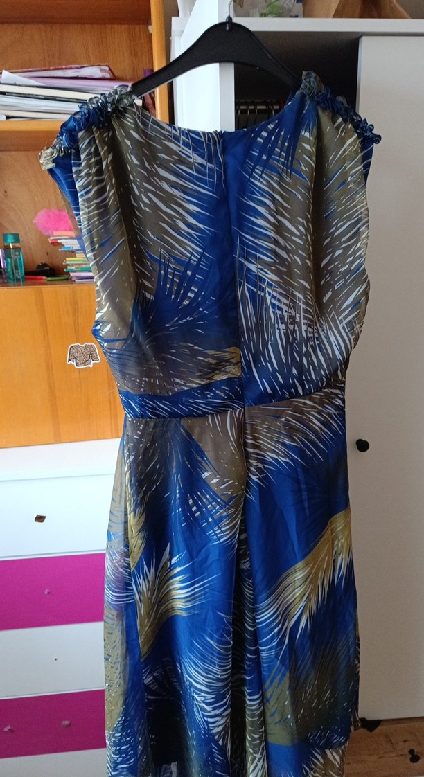 Mavi Drapeli Uzun Askısız Kadın Elbise - Görsel 4