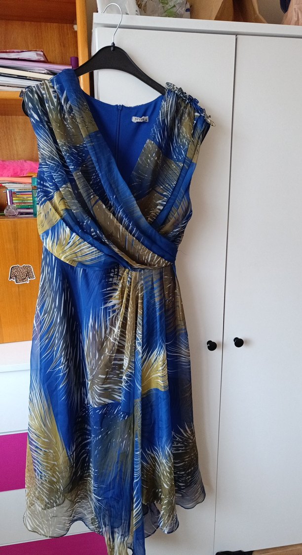 Mavi Drapeli Uzun Askısız Kadın Elbise - Görsel 3