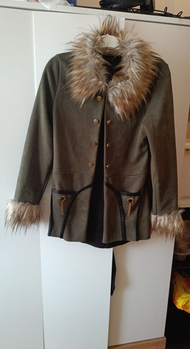 Kürk Detaylı yesil Süet Kadın Ceket - Görsel 3