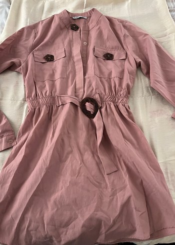 Düğmeli, Uzun Kollu Pembe Keten Elbise - Görsel 2