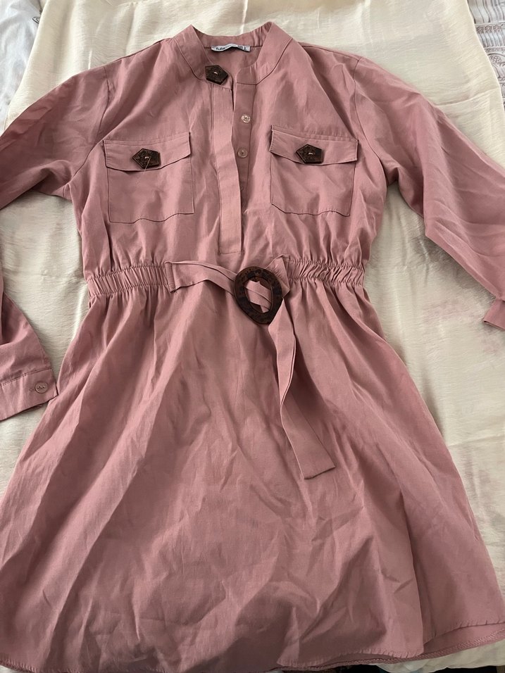 Düğmeli, Uzun Kollu Pembe Keten Elbise - Görsel 2