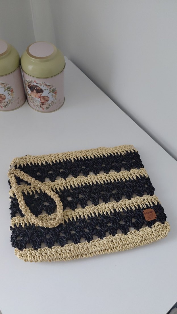 Örgü Siyah-Bej Çizgili Bohem Kadın Portföy Çanta - Görsel 2