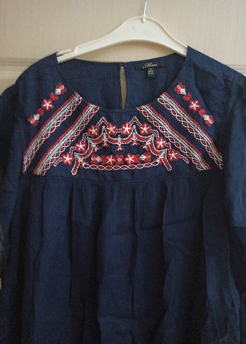 Nakışlı Bohem Kadın Bluz, Koyu Mavi, Kısa Kollu - Görsel 5