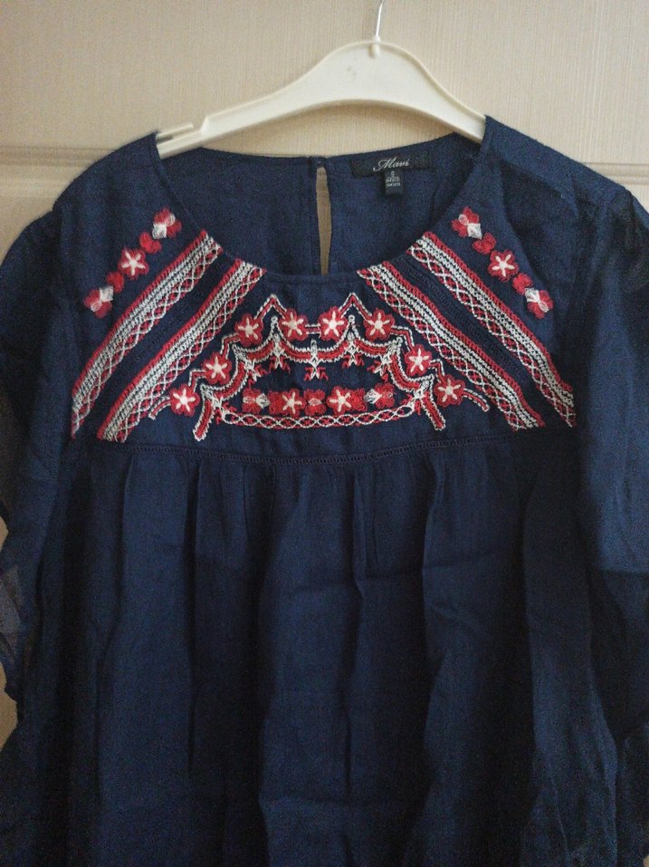 Nakışlı Bohem Kadın Bluz, Koyu Mavi, Kısa Kollu - Görsel 5