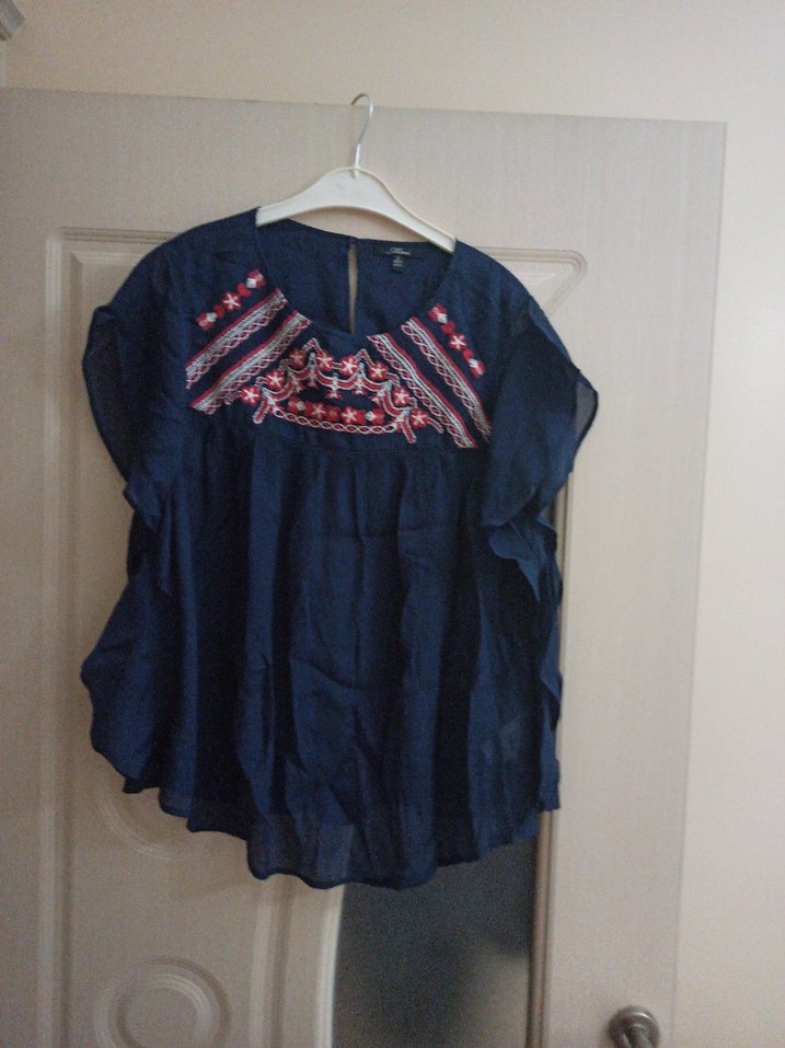 Nakışlı Bohem Kadın Bluz, Koyu Mavi, Kısa Kollu - Görsel 3