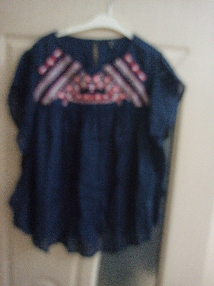 Nakışlı Bohem Kadın Bluz, Koyu Mavi, Kısa Kollu - Görsel 2