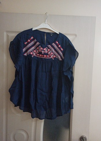 Nakışlı Bohem Kadın Bluz, Kısa Kollu, Mavi - Görsel 3