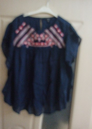 Nakışlı Bohem Kadın Bluz, Kısa Kollu, Mavi - Görsel 2