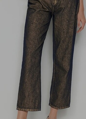 Altın Parlak Metalik Baskılı Yüksek Bel Uzun Straight Jeans 