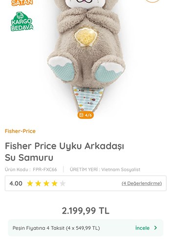 Fisher Price Uyku Arkadaşı Su Samuru Peluş - Görsel 2