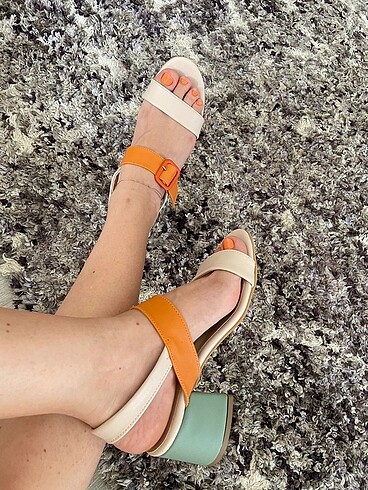 37 Beden Kadın bej mint 5 cm topuklu renkli sandalet
