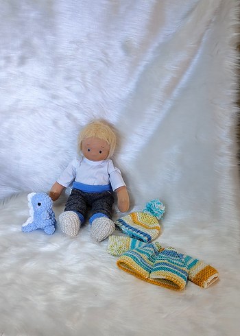 Mavi Gri Örgü Kıyafetli Bez Bebek ve Oyuncak - Görsel 11