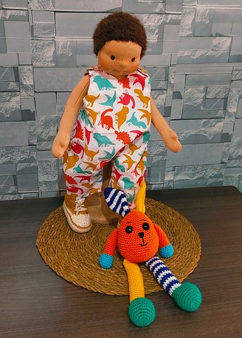 Renkli Dinozor Desenli Kumaş Bebek ve Örgü Oyuncak - Görsel 5