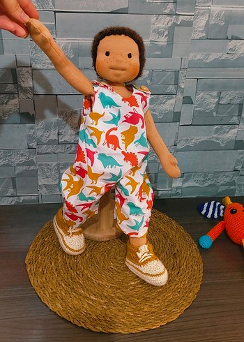 Renkli Dinozor Desenli Kumaş Bebek ve Örgü Oyuncak - Görsel 4