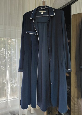 Kadın Uzun Lacivert Salaş Gömlek Elbise - Görsel 3