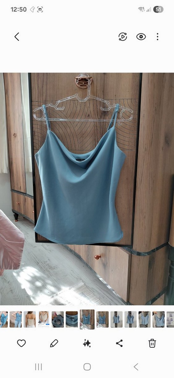 Mavi degaje  Yaka Drapeli Kadın askılı bluz - Görsel 2