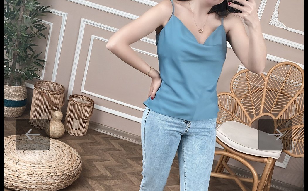 Mavi Drapeli degaje yaka askılı bluz - Görsel 2