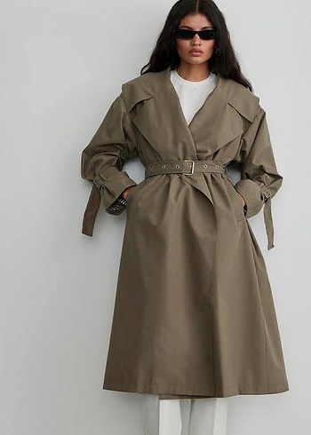Suud Collection Haki Metal Tokalı Kadın Trençkot