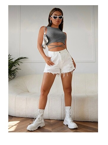 Kadın gri çapraz bağlama crop top bluz
