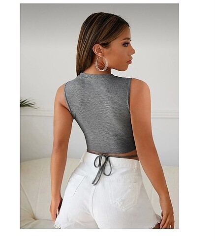 universal Beden Kadın gri çapraz bağlama crop top bluz