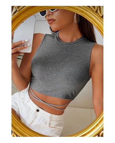 Diğer Kadın gri çapraz bağlama crop top bluz