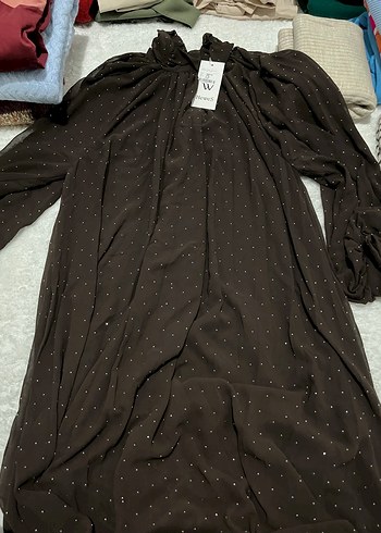 Kahverengi Taşlı Şifon Elbise - Görsel 2