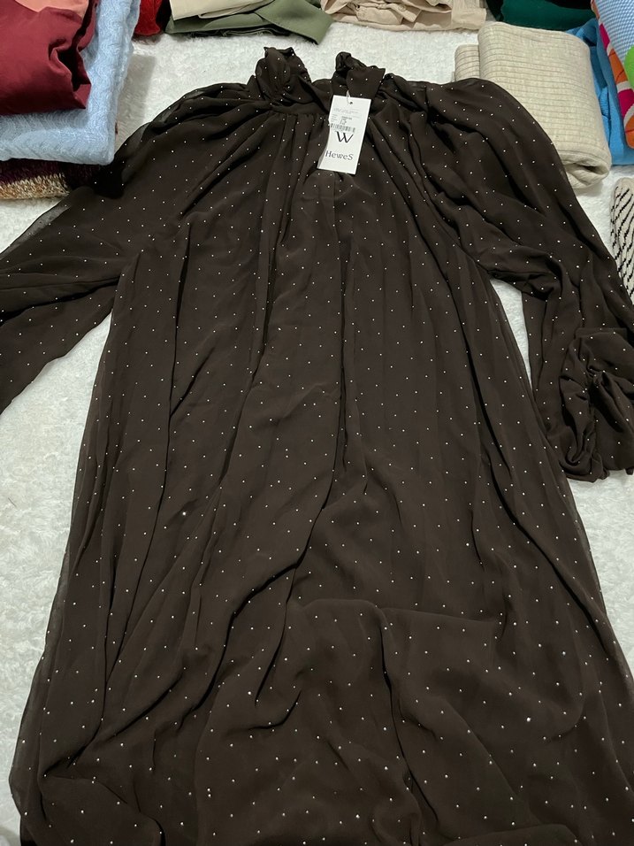 Kahverengi Taşlı Şifon Elbise - Görsel 2