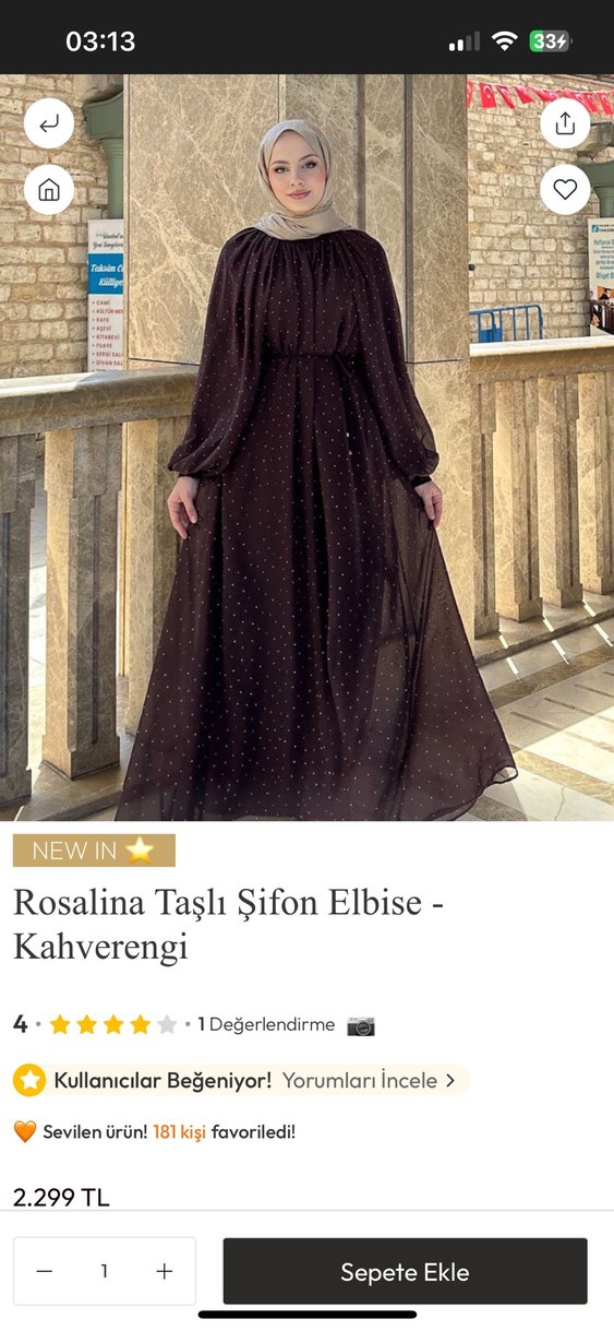 Kahverengi Taşlı Şifon Elbise - Görsel 3