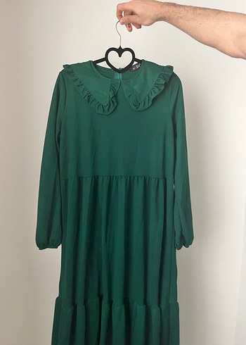 Yeşil Renkli Uzun Kol Fırfırlı Elbise - Görsel 2