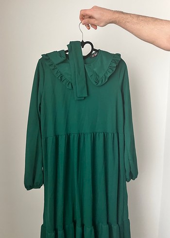 Yeşil Renkli Uzun Kol Fırfırlı Elbise - Görsel 3