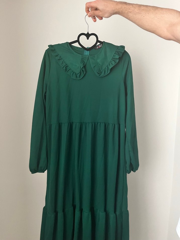 Yeşil Renkli Uzun Kol Fırfırlı Elbise - Görsel 2