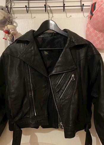 s Beden Vintage Siyah Deri Biker Kadın Ceket