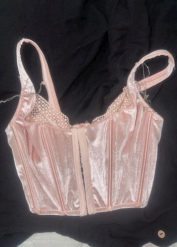s Beden pembe Renk penti zincir detayli pembe simli korseli bralet