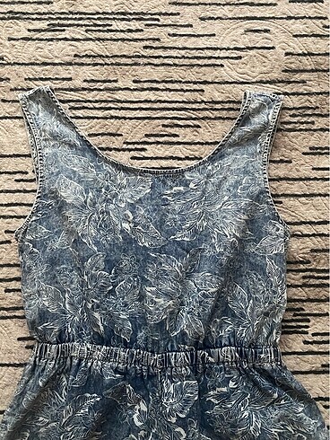 Denim&Co vintage cicekli kot gorunumlu tulum
