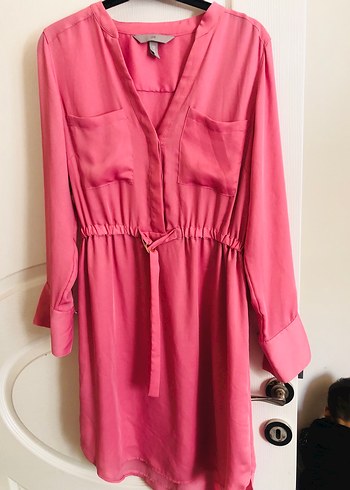 Pembe Kuşaklı Uzun Kollu elbise