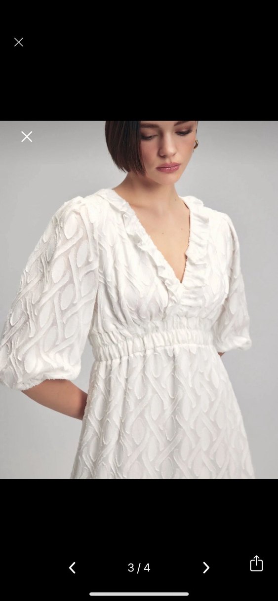 Beyaz V Yakalı Midi Pamuklu Elbise - Görsel 3