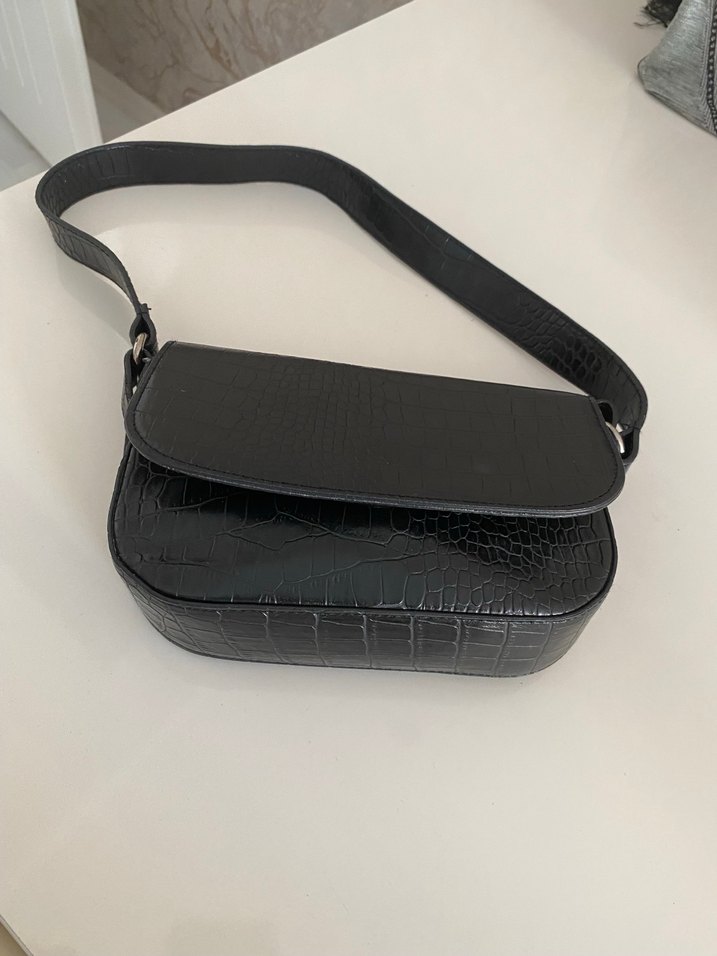 Siyah Deri Yılan Desenli Kadın Çanta - Görsel 4