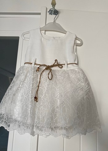 Kız Çocuk Bej Dantel İşlemeli Triko Elbise - Görsel 5