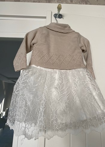 Kız Çocuk Bej Dantel İşlemeli Triko Elbise - Görsel 4