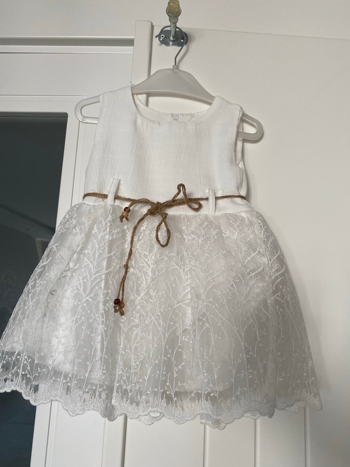 Kız Çocuk Bej Dantel İşlemeli Triko Elbise - Görsel 5