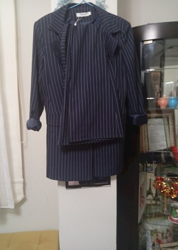 Çizgili Lacivert Kadın Uzun Ceket - Görsel 4