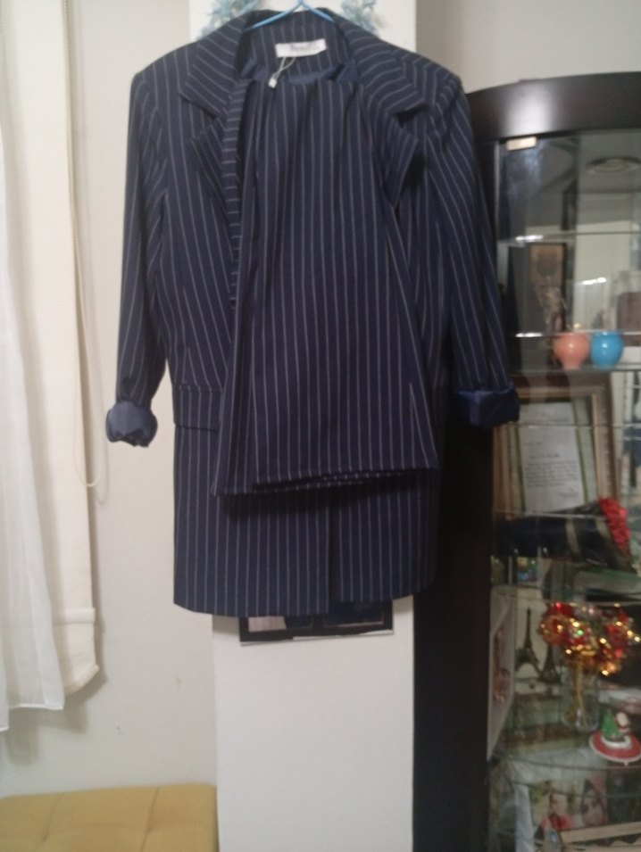 Çizgili Lacivert Kadın Uzun Ceket - Görsel 4